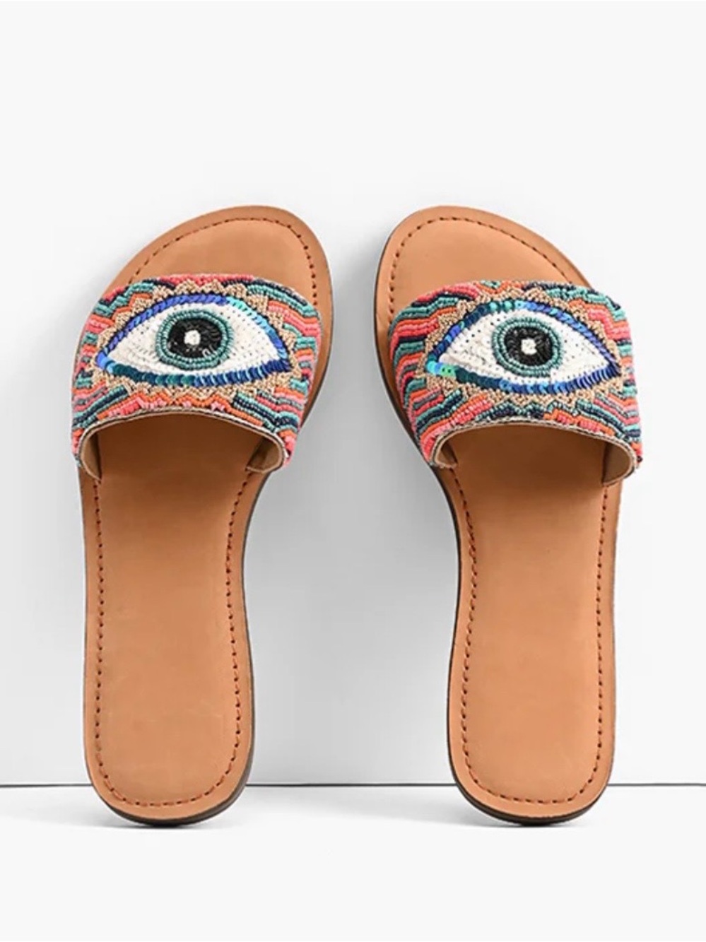 Multicolor Beaded Evil Eye Slide Sandals